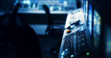 CGI Control room with illuminated screens and buttons during nighttime operations video