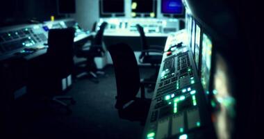 CGI Control room setup in modern technology hub during evening hours video