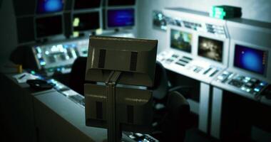 CGI Control room setup with monitors for monitoring systems and operations video