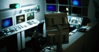 CGI Control room with advanced technology and monitors during late hours video
