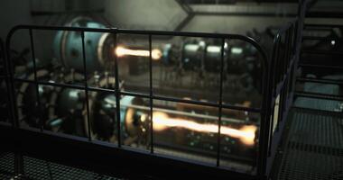 CGI Industrial machinery operating with visible flames in a dark environment video