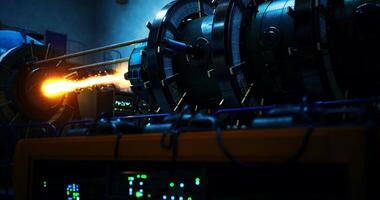 CGI Advanced machinery producing bright flame in a futuristic laboratory setting video