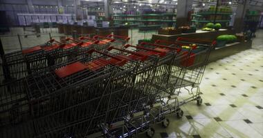 CGI Shopping carts lined up in a modern grocery store at night video