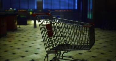 CGI Shopping cart stands alone in a quiet grocery store at night video