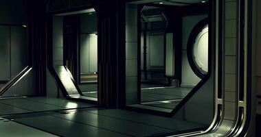 CGI Exploring a futuristic corridor in a high tech facility at nighttime video