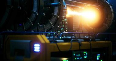 CGI Futuristic energy reactor with bright plasma discharge at technology facility video