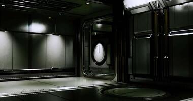 CGI Futuristic metallic corridor with circular window in dim lighting video
