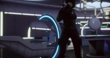 CGI Futuristic character stands in a high tech environment at nighttime video