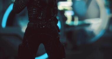 CGI Character in dark attire with futuristic background and glowing elements video