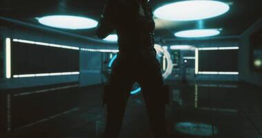 CGI Silhouette of a character in a futuristic environment with glowing lights video
