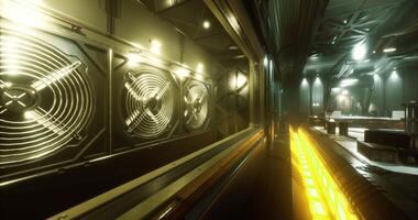 CGI Industrial corridor with illuminated fans in a futuristic setting video