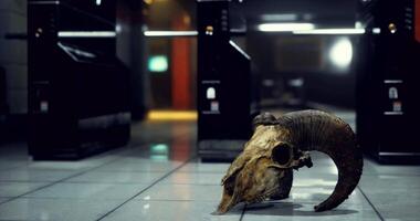 CGI Ram skull rests on tiled floor in urban venue at night video