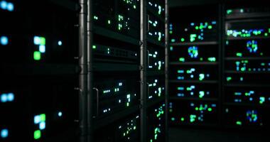 CGI Digital data storage facility displaying server racks at night video