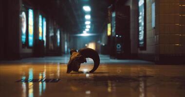 CGI Curved horn fragment resting in dimly lit hallway at night video