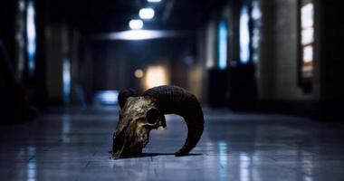 CGI Curiosity strikes as a ram skull rests on a polished corridor floor video