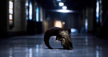 CGI Old ram skull placed on a hall floor illuminated by dim light video