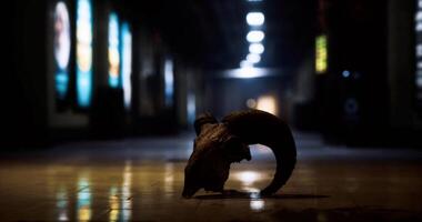 CGI Strange horned object rests in an empty hallway at night video