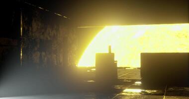 CGI Light pouring through an abandoned warehouse at sunset creates a dramatic view video