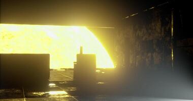 CGI Light streaming through an abandoned structure creates a golden atmosphere video