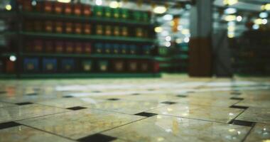 CGI Brightly lit indoor market with colorful shelves and shiny floor tiles video