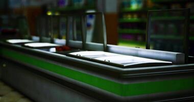CGI Grocery store checkout area with bright lighting and organized aisles video