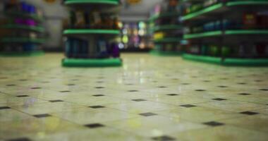 CGI Busy retail store interior with colorful products on display video