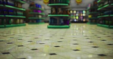 CGI Store interior with colorful shelves and tiled floor viewed from a low angle video