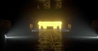 CGI Mysterious corridor illuminated by warm yellow light at dusk near water video