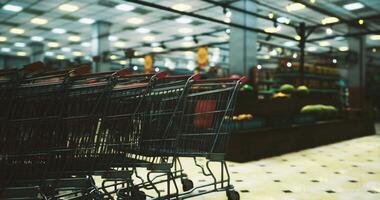 CGI Shopping carts lined up in a spacious grocery store during daytime video