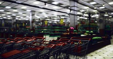 CGI Shopping carts lined up in an empty grocery store during evening hours video