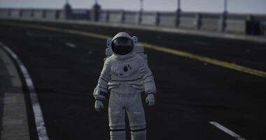 CGI Astronaut walking on an empty road during twilight in a serene environment video