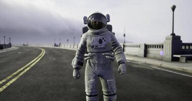 CGI Astronaut walking on a bridge under cloudy skies during daylight hours video