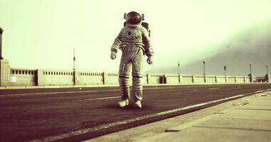 CGI Astronaut walking on empty street during foggy day in surreal city environment video