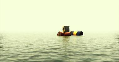 CGI Floating barrels and tents on calm water during a hazy afternoon video