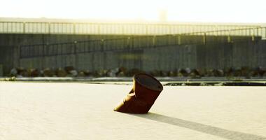 CGI Rusty barrel abandoned on sandy shore during golden hour video