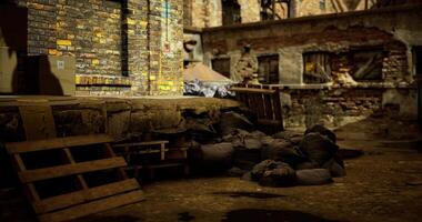 CGI Abandoned warehouse with bricks and debris at nighttime in a deserted location video