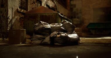 CGI Trash bags piled in an alleyway near a dumpster in an urban environment video