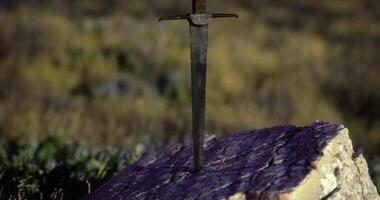 CGI Sword embedded in a rock among natural greenery at dusk video