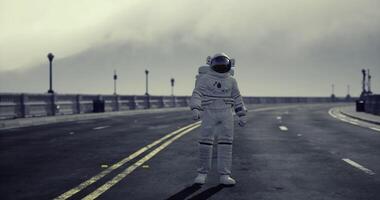 CGI Astronaut exploring deserted street under cloudy sky during daylight hours video