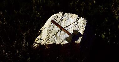 CGI Rustic axe resting on a weathered stone in a grassy setting at dusk video