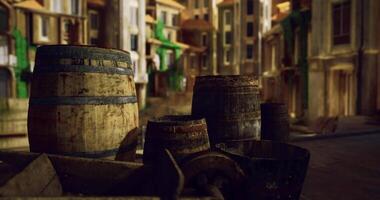CGI Rustic wooden barrels sit on a cobblestone street in an ancient town video