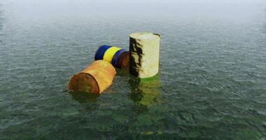 CGI Floating barrels in calm water during early morning light at a remote location video