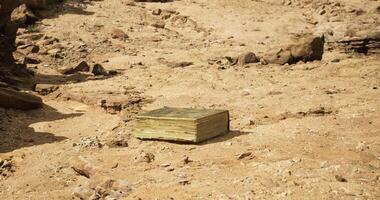 CGI Open book resting on dry, cracked earth in a sunlit landscape video