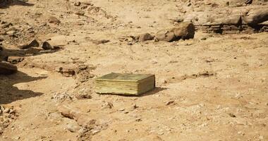 CGI Mysterious book discovered on dry riverbed during summer drought in nature video