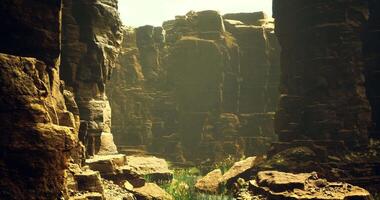 CGI Exploring a vast canyon with sunlight casting shadows on rock formations video