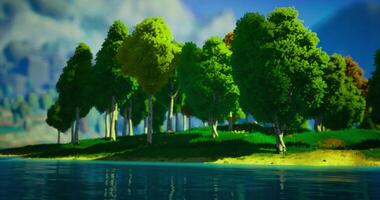 CGI Lush green trees reflecting on calm lake under bright blue sky video