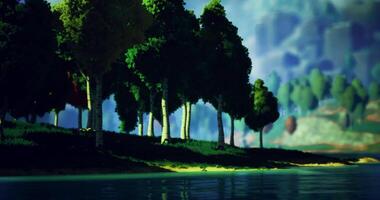 CGI Serene forest landscape reflecting on calm water during sunny day video