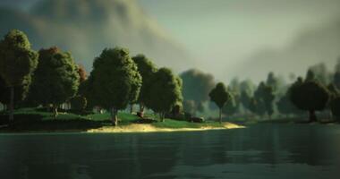 CGI Scenic lake with trees and distant mountains at dusk video