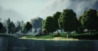 CGI Serene landscape with trees and calm water reflecting mountains at dusk video