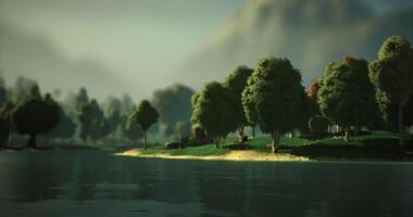 CGI Scenic lakeside view with trees and mountains in the background during daylight video